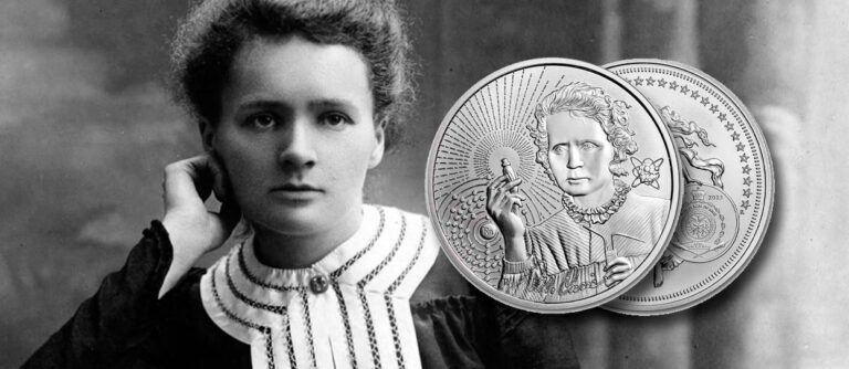 Montaje con el rostro de la científica Marie Curie junto con la bullion de plata que la homenajea