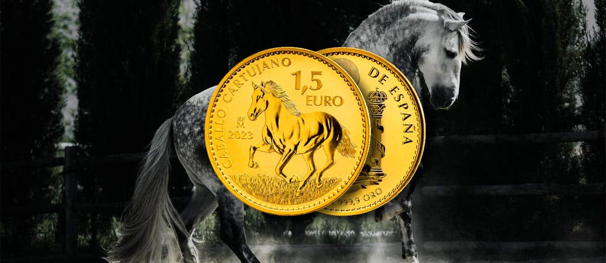 Montaje de la moneda de oro Caballo Cartujano que muestra un fondo del animal en escorzo con un primer plano de la cara y la cruz de la bullion