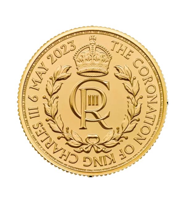 Perspectiva frontal de la cruz de la moneda de oro 1/4 Coronación de Carlos III de 2023