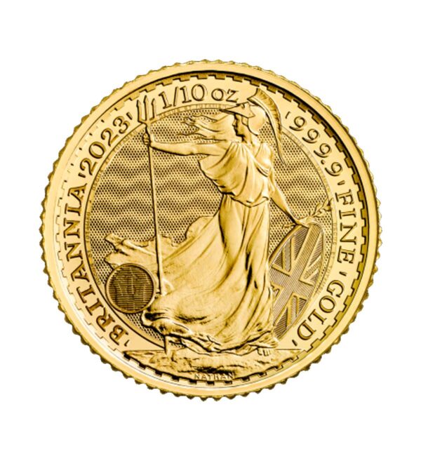 Perspectiva frontal de la cruz de la moneda de oro Britannia de 1/10 onza de 2023, que muestra a la diosa portando un tridente