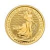 Perspectiva frontal de la cruz de la moneda de oro Britannia de 1/4 de onza de 2023, con la diosa portando un tridente