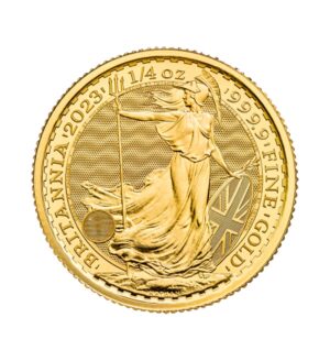 Perspectiva frontal de la cruz de la moneda de oro Britannia de 1/4 de onza de 2023, con la diosa portando un tridente