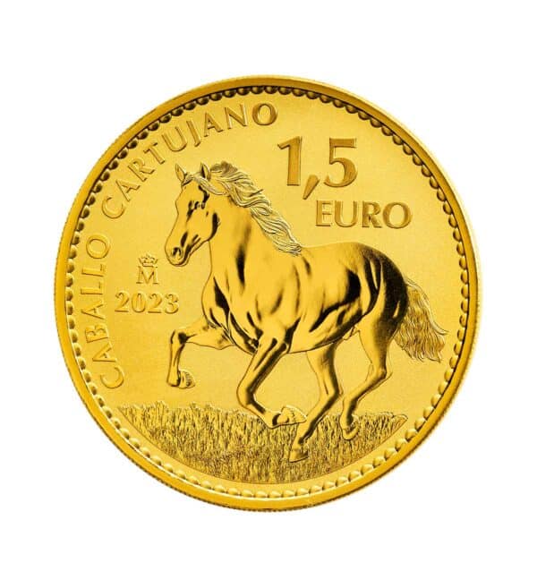 Perspectiva frontal de la cruz de la moneda de oro Caballo Cartujano, de 1 oz de 2023 y que muestra al animal corriendo a galope