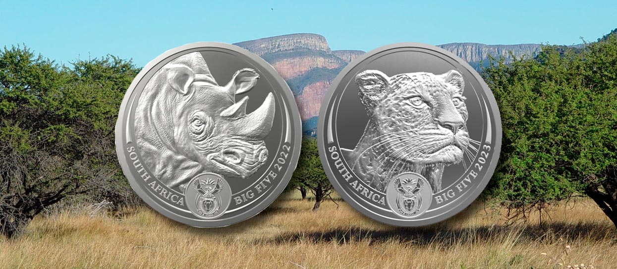 Montaje de una sábana de África con las monedas de la colección Big Five de South Africa