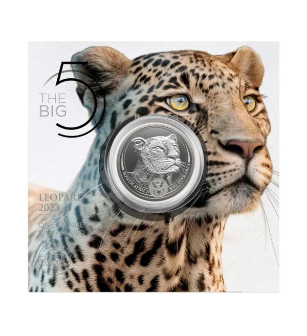 Packaging de la moneda de plata leopardo de 1 oz de 2023, con el dieño del Leopardo a todo color