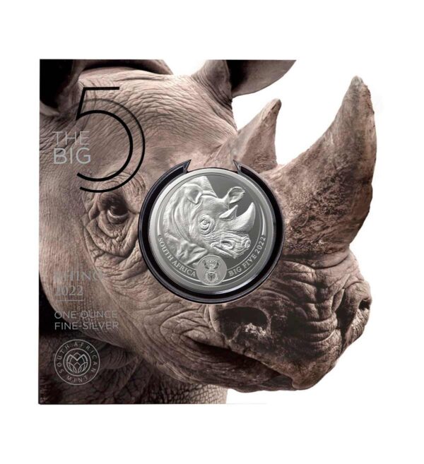 Packaging de la moneda de plata rinoceronte de 1 oz de 2022, con el diseño de la cara a todo color en su envoltorio