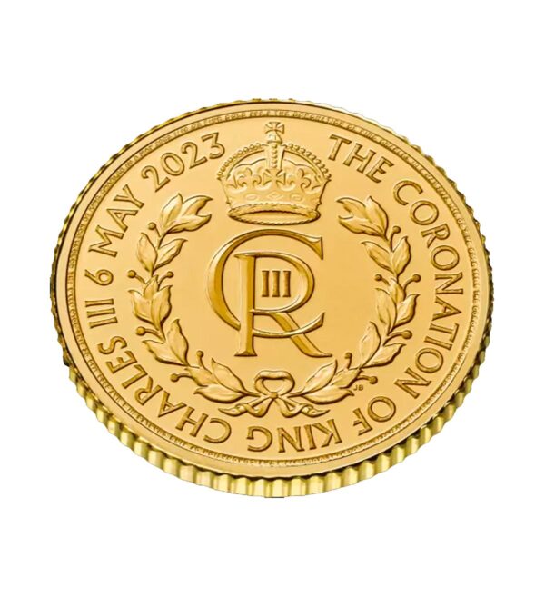 Perspectiva del canto de la moneda de oro Coronación de Carlos III de 1/10 oz de 2023