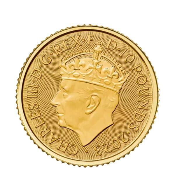 Perspectiva frontal de la cara de la Moneda de oro Coronación de Carlos III de 1/10 oz de 2023