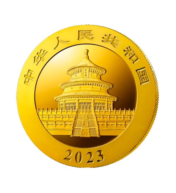 Perspectiva frontal de la cara de la moneda de oro Panda Chino de 8gr de 2023