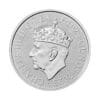 Perspectiva frontal de la cara de la moneda de plata Coronación de Carlos III de 1 oz de 2023