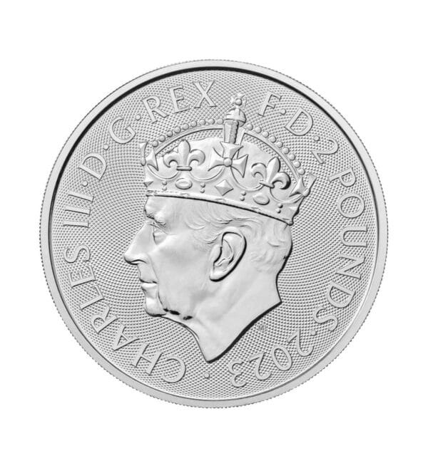 Perspectiva frontal de la cara de la moneda de plata Coronación de Carlos III de 1 oz de 2023