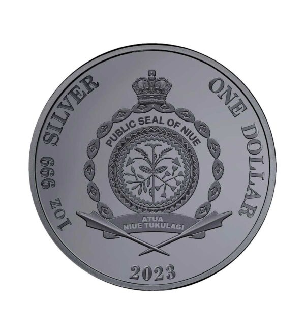 Perspectiva frontal de la cara de la moneda de plata Rey del Ajedrez de 1 oz de 2023, con el escudo de armas de Niue