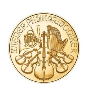 Perspectiva frontal de la cruz de la moneda de oro Filarmónica de Viena de 1/10 onza de 2023