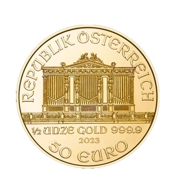 Perspectiva frontal de la cara de la moneda de oro Filarmónica de Viena de 1/2 onza de 2023