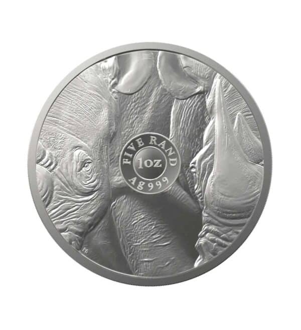 Perspectiva frontal de la cara de la moneda de plata rinoceronte de 1 oz de 2022,