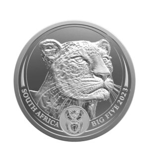 Perspectiva frontal de la cruz de la moneda de plata leopardo de 1 oz de 2023