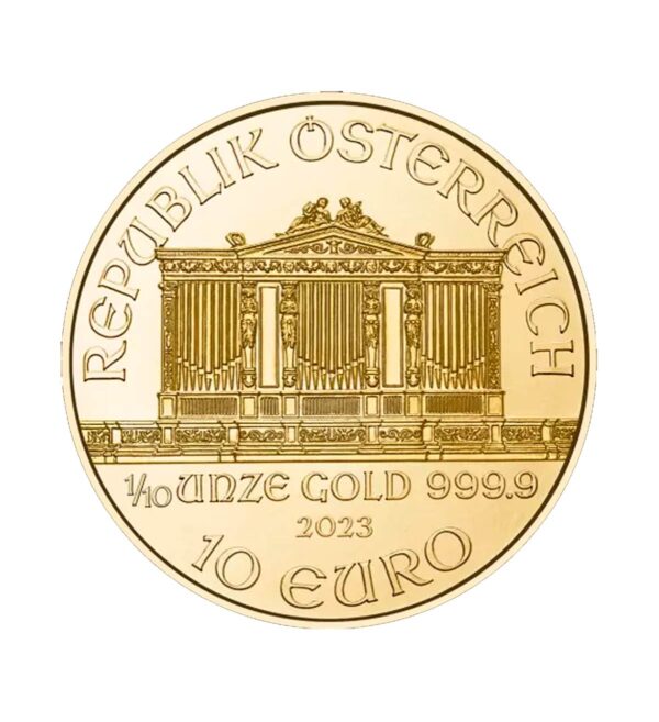 Perspectiva frontal de la cara de la moneda de oro Filarmónica de Viena de 1/10 onza de 2023