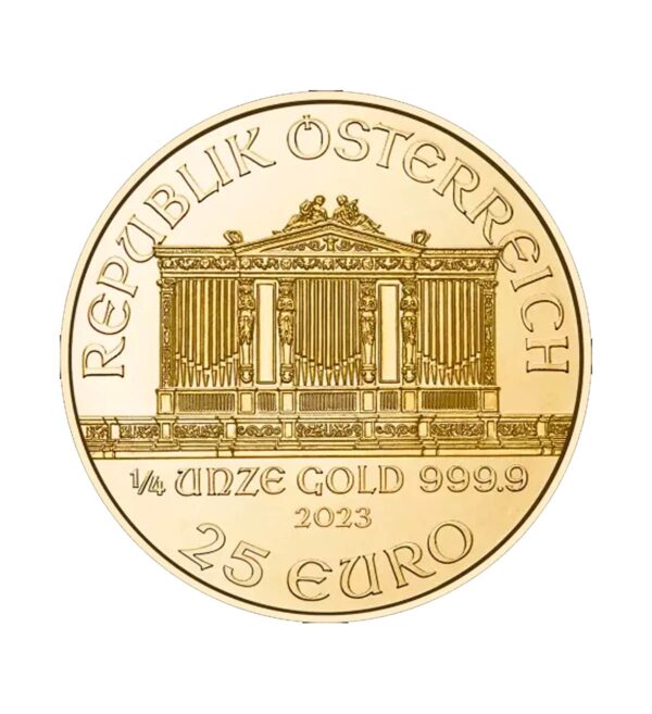 Perspectiva frontal de la moneda de oro Filarmónica de Viena de 1/4 de onza de 2023