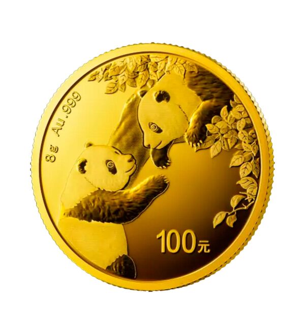 Perspectiva frontal de la moneda de oro del Panda Chino de 8 gr de 2023