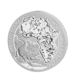 Perspectiva lateral del canto y de la cara de la moneda de plata Cocodrilo del Nilo de 1 oz de 2023, donde se muestra al animal junto a una imagen del continente