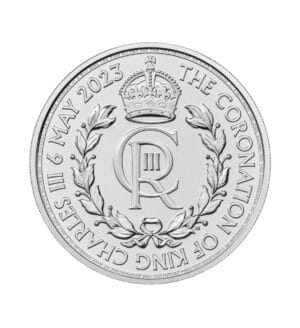 Perspectiva frontal de la cruz de la moneda de plata Coronación de Carlos III de 1 oz de 2023
