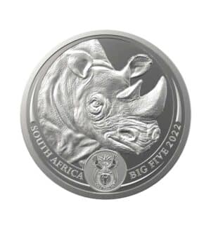 Perspectiva frontal de la cruz de la moneda de plata rinoceronte de 1 oz de 2022