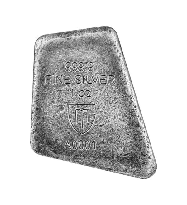 Perspectiva frontal del anverso de la runa de plata Uruz de 1 oz de 2023, con las especificaciones del lingote