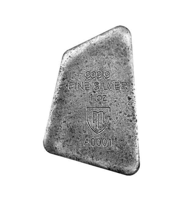 Perspectiva frontal del anverso de la runa de plata Wunjo de 1 oz de 2023 con las especificaciones del lingote