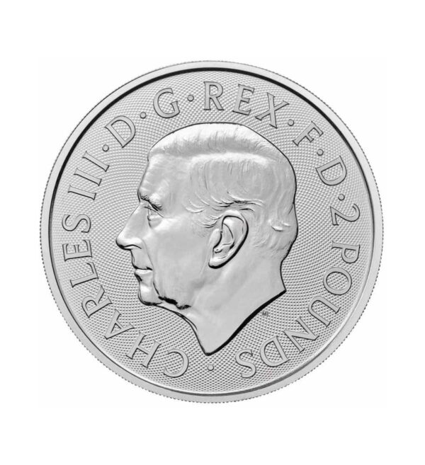 Perspectiva frontal de la cara de la moneda de plata Merlín de 1 oz de 2023