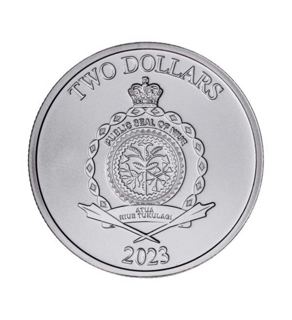Perspectiva frontal de la cara de la moneda de plata Sword of Truth de 1 oz de plata de 2023