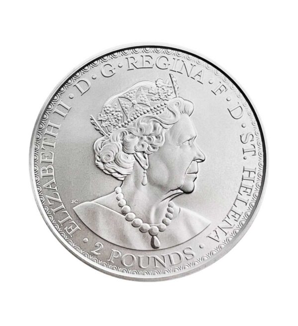 Perspectiva frontal de la cara de la moneda de plata Una y el León de 2 oz de 2022