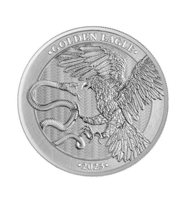 Perspectiva frontal de la cruz de la moneda de plata Golden Eagle de 1 oz de 2023, acuñado por Germania Mint