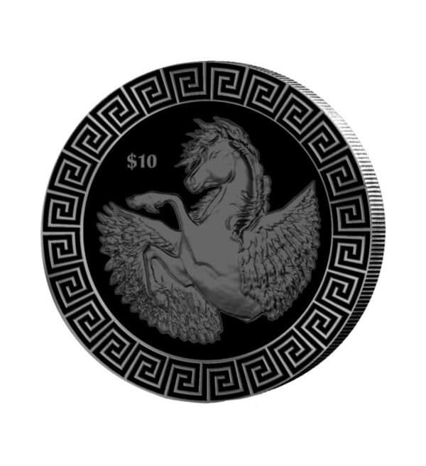 Perspectiva lateral de la cruz de la moneda de plata Pegaso de Pobjoy Mint, con el diseño del caballo alado