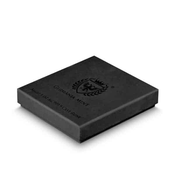 Paquete de color oscuro con las especificaciones del paquete de la runa de plata Algiz de 1 oz de 2023
