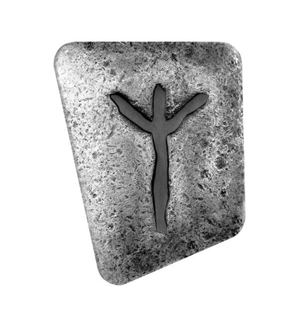 Perspectiva frontal de la parte frontal de la runa de plata Algiz de 1 oz de 2023, con el símbolo apagado
