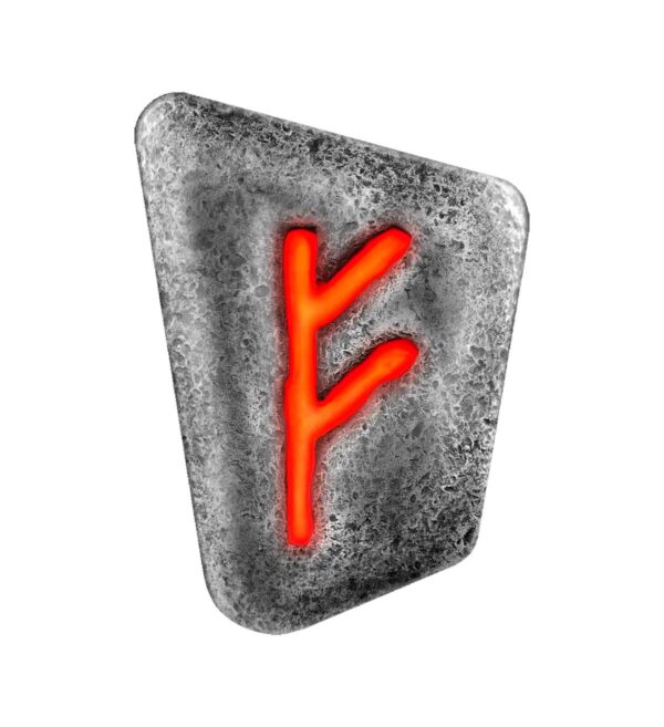 Perspectiva frontal de la runa de plata Fehu de 1 oz de 2023, perteneciente a la serie Alfabeto Rúnico