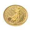 Perspectiva lateral del canto de la moneda de oro Britannia de 1/10oz de 2024, con la imagen de la diosa alzando su tridente