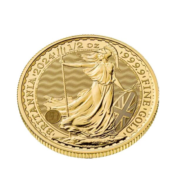 Perspectiva frontal del canto de la moneda de oro Britannia de 1/2oz de 2024, con la imagen de la diosa alzando su tridente
