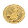 Perspectiva frontal del canto de la moneda de oro Britannia de 1/4oz de 2024, con la imagen de la diosa alzando su tridente