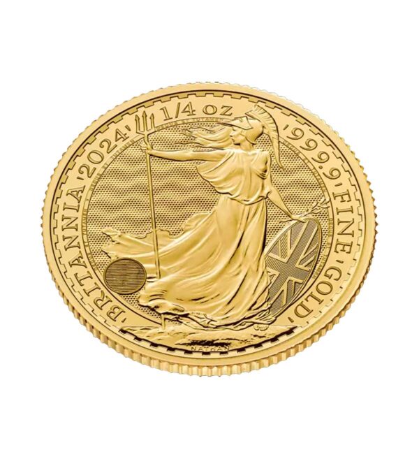 Perspectiva frontal del canto de la moneda de oro Britannia de 1/4oz de 2024, con la imagen de la diosa alzando su tridente