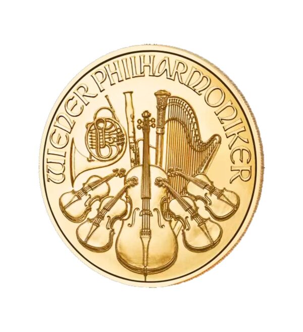 Perspectiva lateral del canto de la moneda de oro Filarmónica de Viena de 1/4oz de 2024