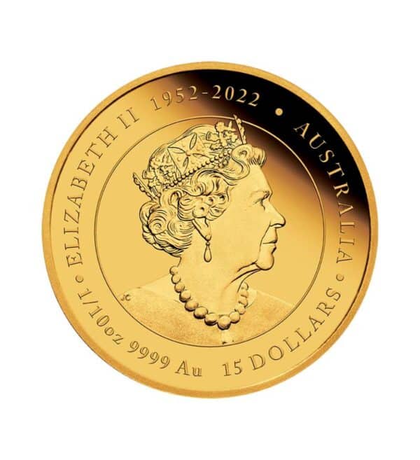 Cara de la e la moneda de oro Año del Dragón de 1/10oz de 2024, con el rostro de la reina Isabel II