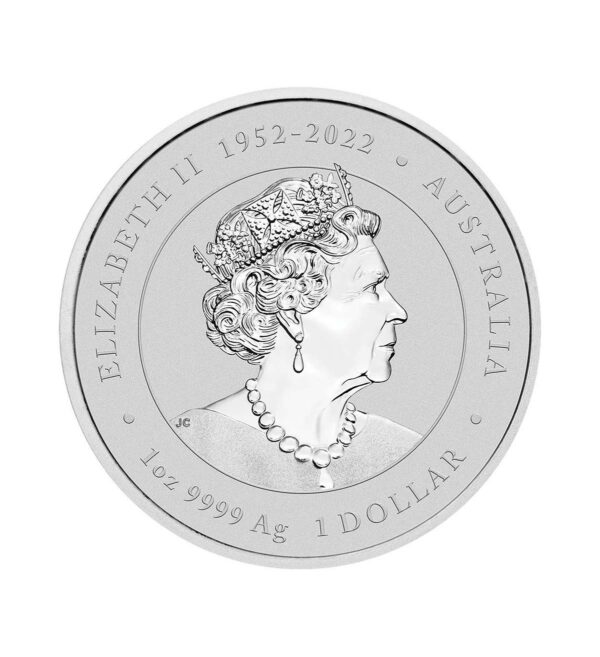 Perspectiva frontal de la cara de la moneda de plata Año del Dragón de 1 onza de plata de 2024