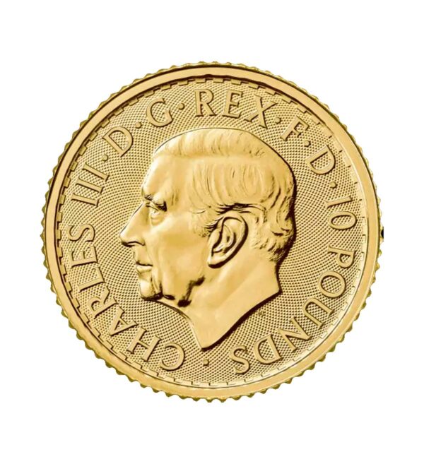 Perspectiva frontal de la cara de la moneda de oro Britannia de 1/10oz de 2024, con el rostro en perfil del monarca Carlos III
