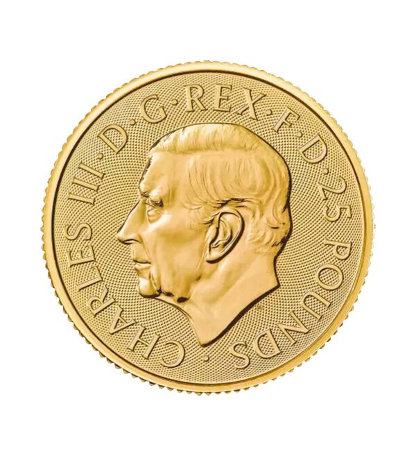 Perspectiva frontal de la cara de la moneda de oro Britannia de 1/4oz de 2024, con el rostro en perfil del monarca Carlos III