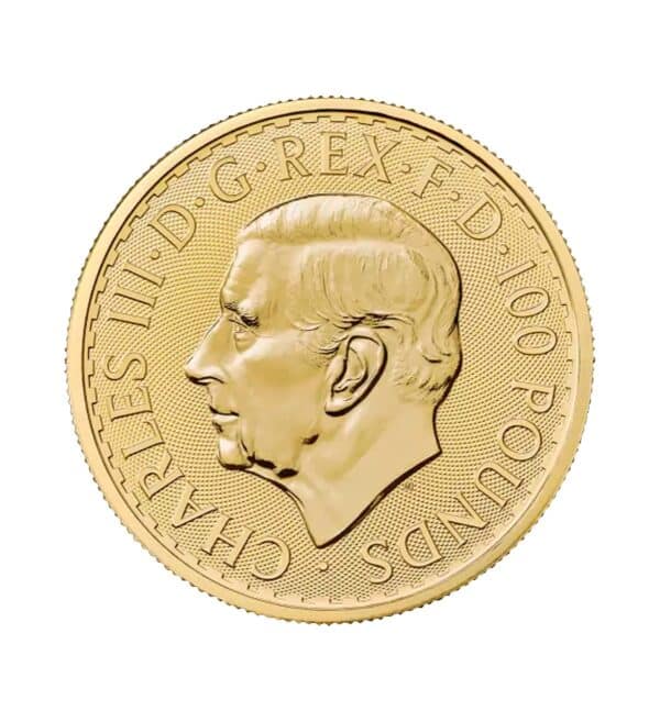 Perspectiva frontal de la cara de la moneda de oro Britannia de 1oz de 2024, con el rostro en perfil del monarca Carlos III