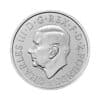 Perspectiva frontal de la cara de la moneda de plata Britannia de 1/4oz de 2024, con el rostro en perfil del monarca Carlos III