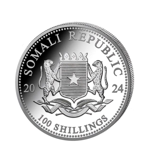 Perspectiva frontal de la cara de la moneda de plata Elefante de Somalia de 1oz de 2024