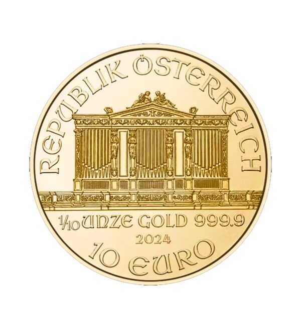 Perspectiva frontal de la cara de la moneda de oro Filarmónica de Viena de 1/10oz de 2024, con el diseño de todos los instrumentos de la orquesta