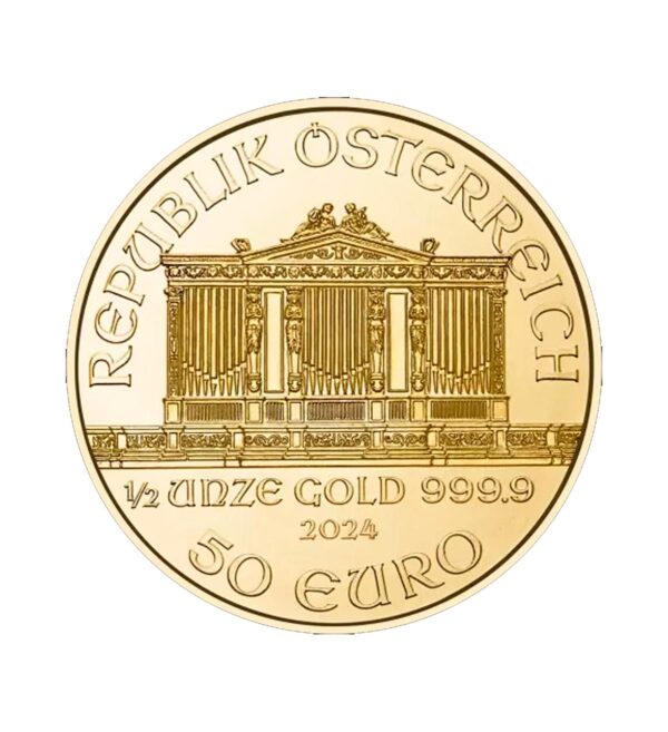 Perspectiva frontal de la cara de la moneda de oro Filarmónica de Viena de 1/2oz de 2024